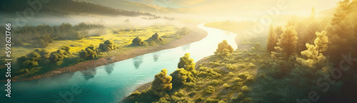 Sunrise from above a river｜Generative AI