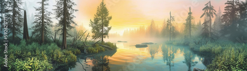 Sunrise from a lake in the middle of a forest｜Generative AI