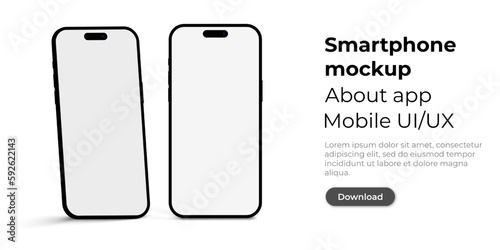 Realistic smartphone mockup on isolated background. Photorealistic smartphone for ui ux presentation. Mobile app user interface mockup with download button. Vector EPS 10