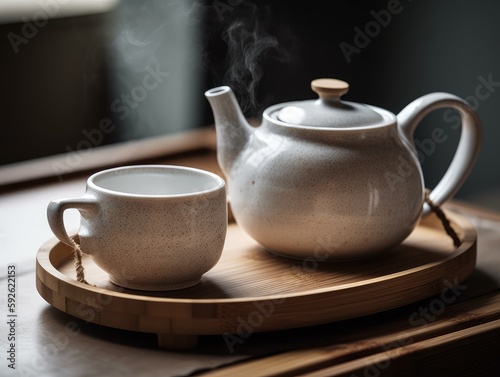 A white porcelain teapot and teacup on a wooden tray with steam rising