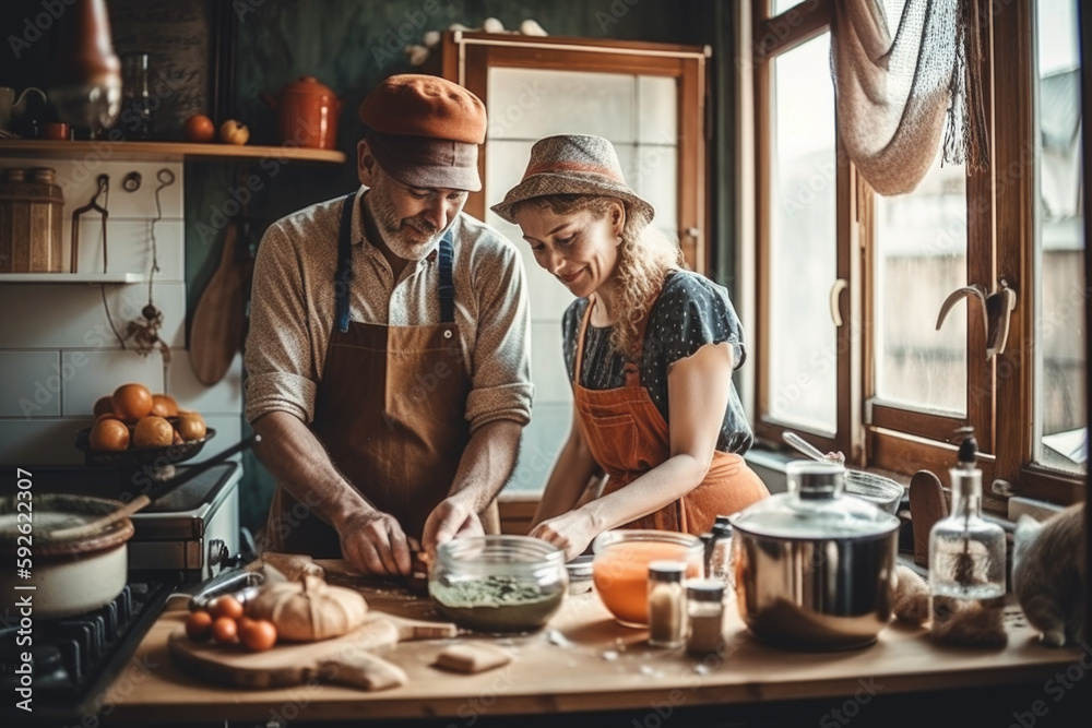 Elderly couple cooking in a kitchen. Generative AI.