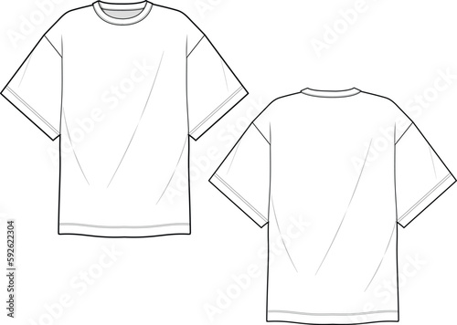 Oversized Half Sleeve T-shirt Flat Sketch, Vector Template