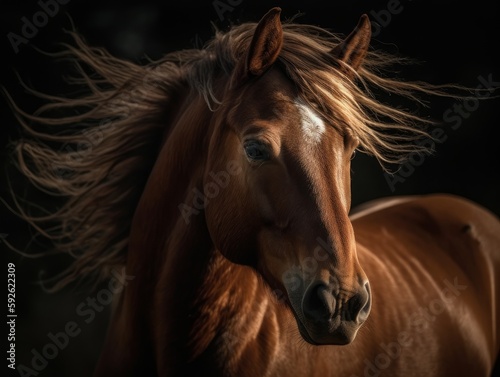 A close-up of a brown horse's mane blowing in the wind