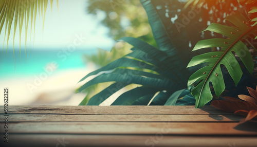 Close up wooden table on foreground and blurred tropical beach background with copy space. Outdoor nature backdrop. AI generative image.