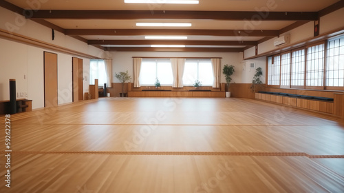 Spacious room for martial arts practicing. Traditional interior for dojo or karate school hall. Indoor background with copy space. AI generative image.