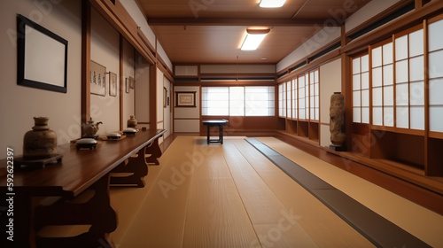 Spacious well lit room for martial arts practicing. Traditional interior for dojo or karate school hall. Indoor background with copy space. AI generative image. © vlntn