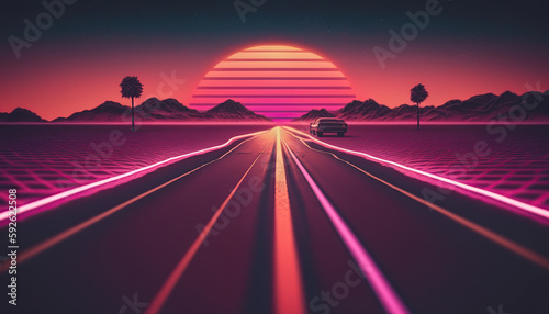 Trendy neon synth wave background with sunset sky, road and mountains, retro abstract background. Retro wave scene. AI generative image.
