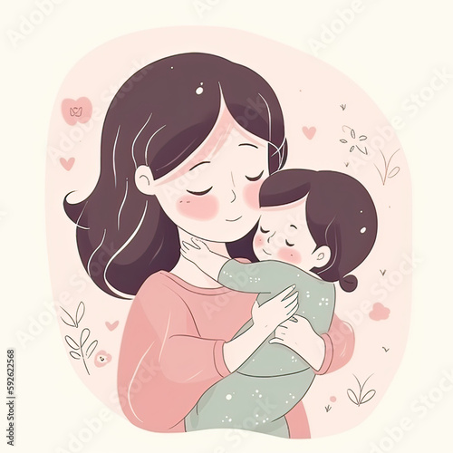 Sweet Illustration of Happy Mother with Child. Greeting for Mother's Day. Generative AI