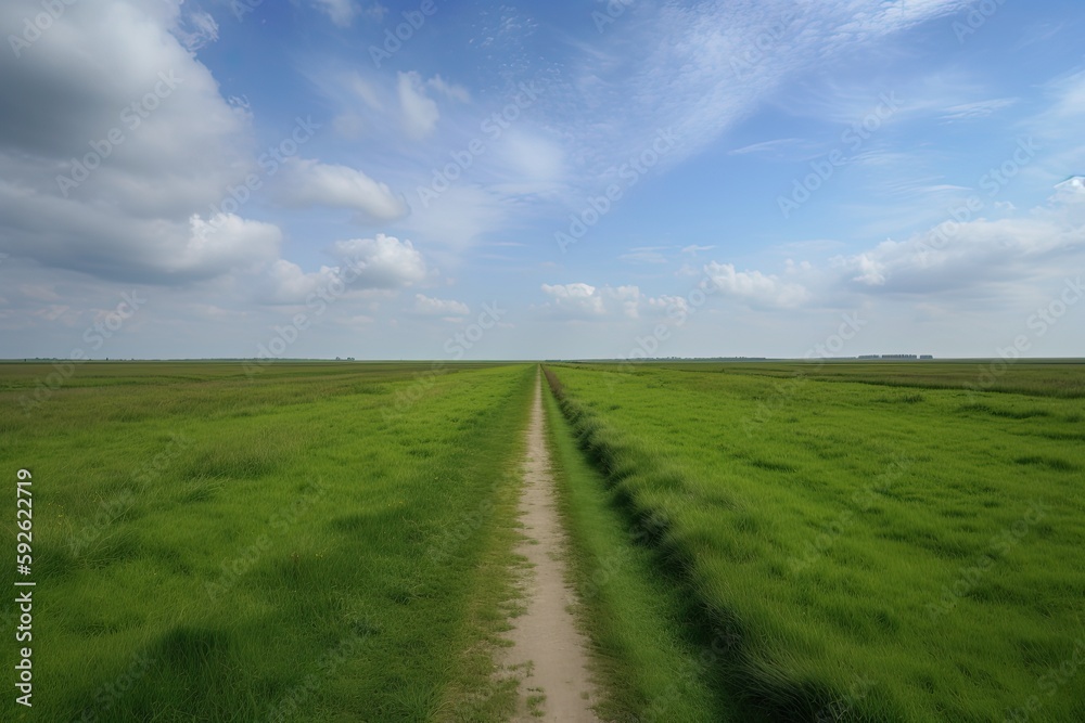 The landscape of grass fields and blue sky road leading off into the distance. Generative Ai. The landscape of grass fields and blue sky road leading off into the distance. Generative Ai.