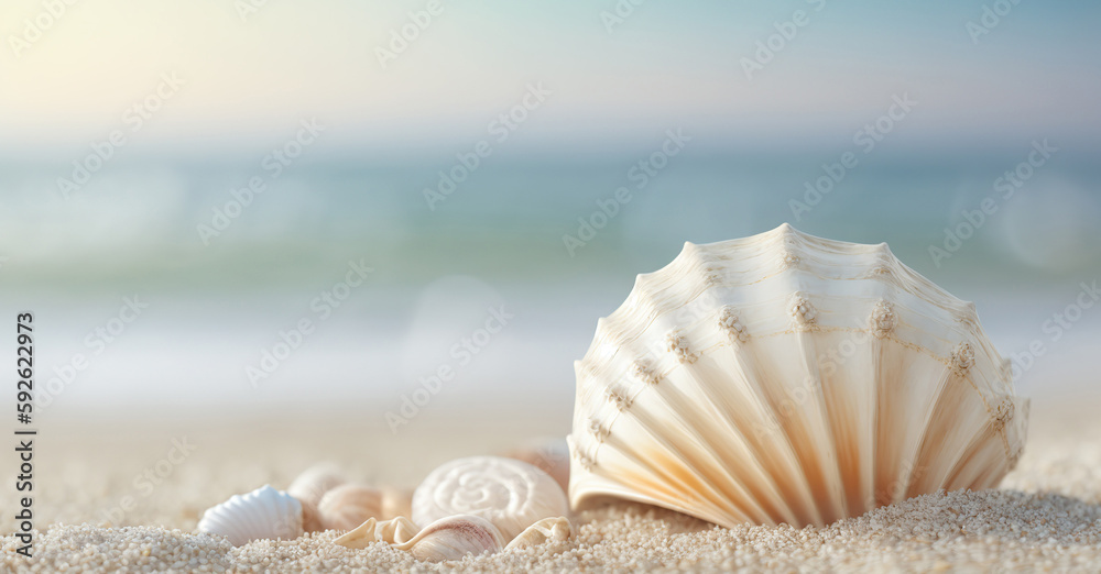 Close up different seashells on sand with blurred sea water backdrop. Tropical summer beach outdoor background. AI generative image. Close up different seashells on sand with blurred sea water backdrop. Tropical summer beach outdoor background. AI generative image.