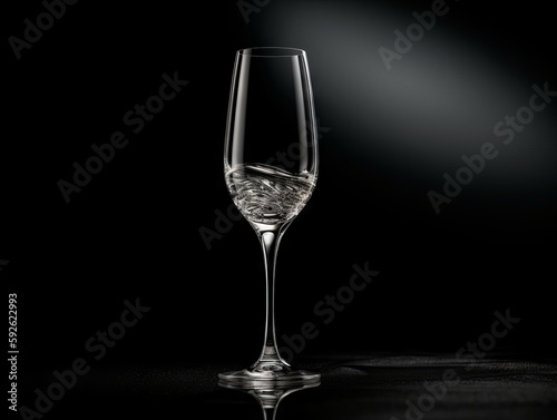 A single, elegant champagne glass on a plain background