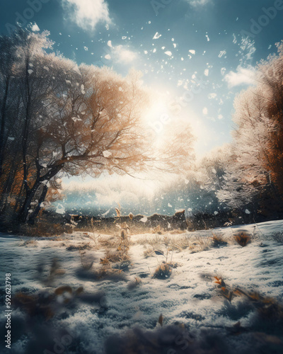 A fascinating, ultra-realistic double exposure illustration of a snowy winter scene overlaid with a sunny summer scene