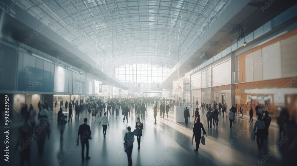 Business people in a subway tunnel. Background of an expo with blurred individuals. Al generated