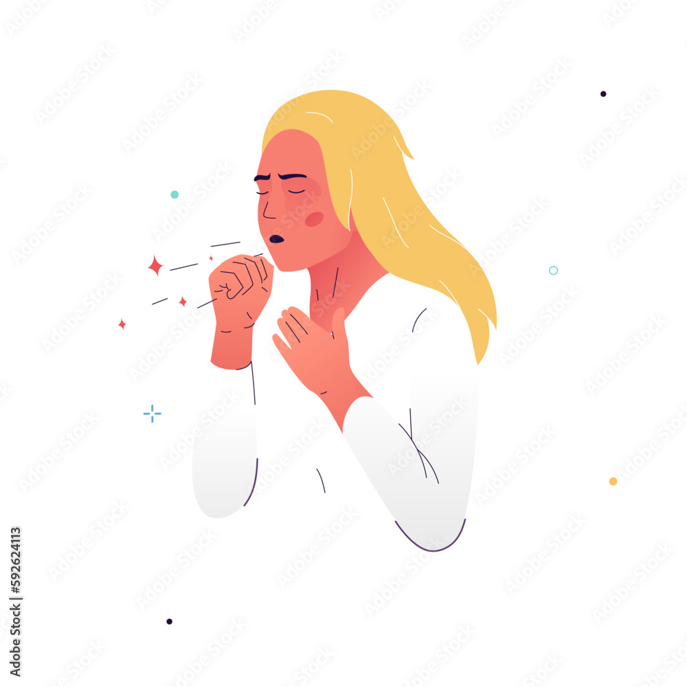 Vector illustration of a girl suffering from a cough. A woman, pressing