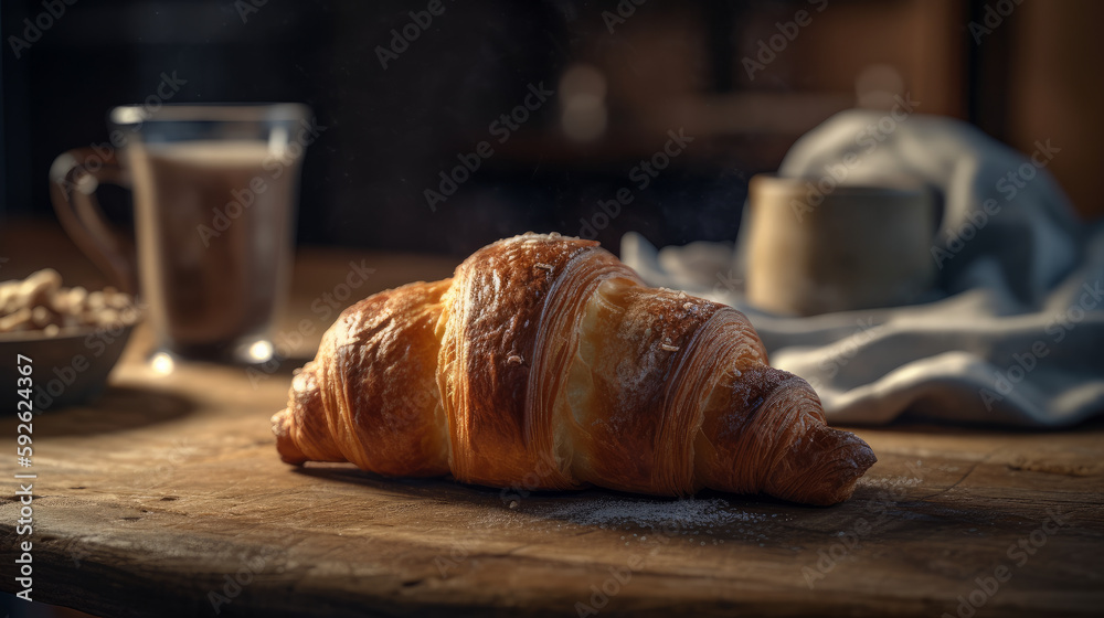 Croissant with coffee cup on dark background. Al generated Croissant with coffee cup on dark background. Al generated