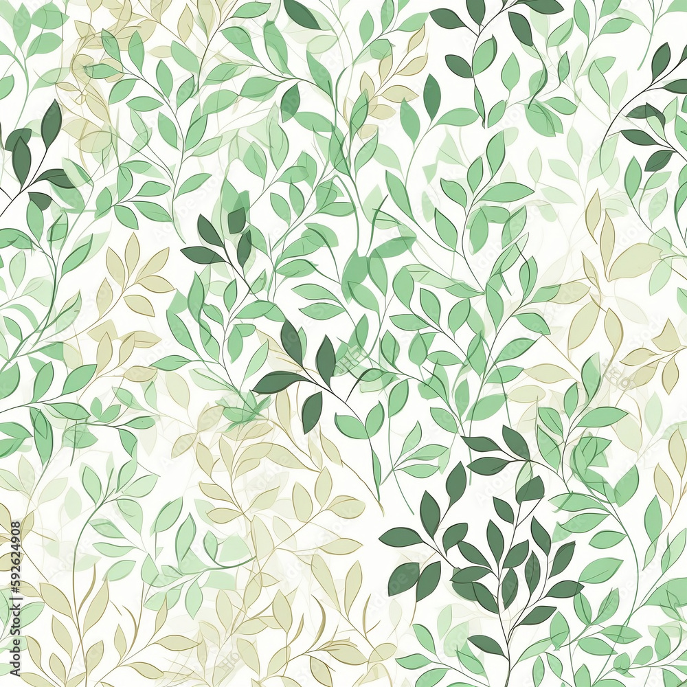 Features a subtle and delicate pattern of green leaves with plenty of white space on a pale-colored background. Generative AI.