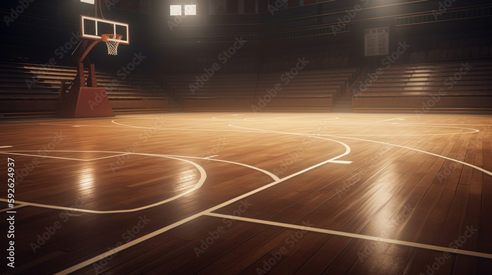 Basketball court. Sport arena. AI generated background. unfocus in long shot distance