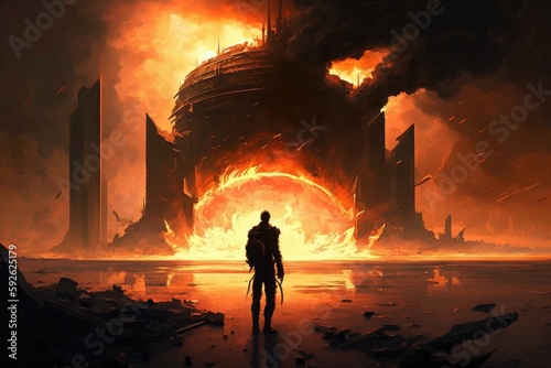 Man standing in the middle of a burning city