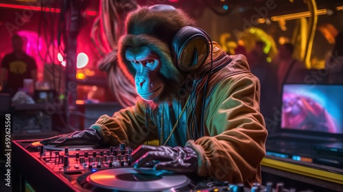 Funny monkey dj at turn table console, disco edm party, night club illustration. AI generative image. © vlntn