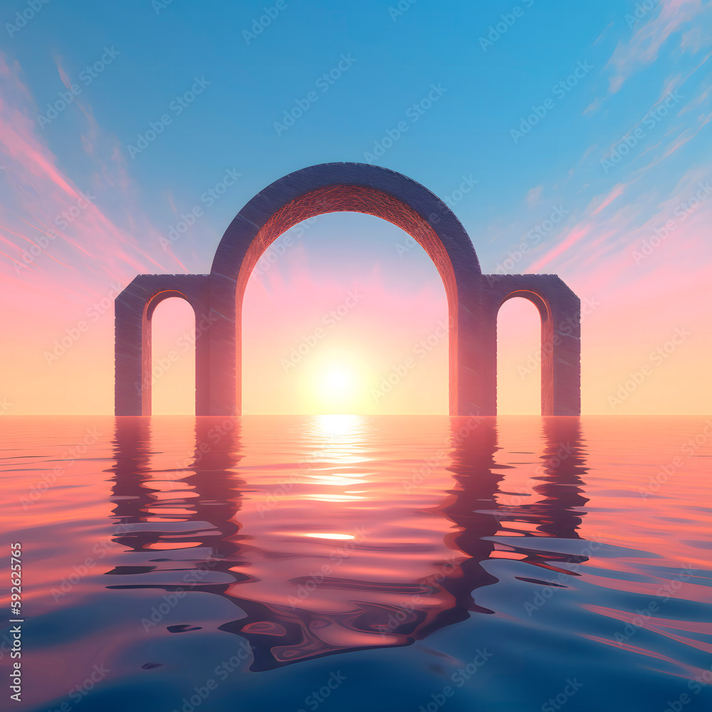  A beautiful shot of sea and a clear sky, 3d render of stage on sea. .Sea fantasy scenery features calm water, flat geometric created with Generative AI technology.