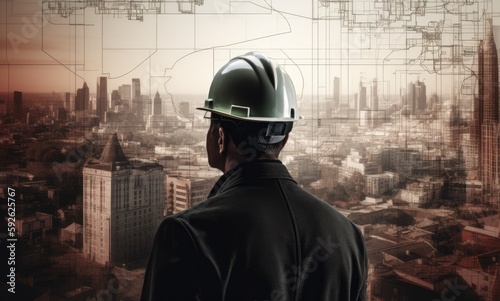 Construction concept. at back of the construction worker head which is wearing the safety helmet and checking work at the construction site. Non-existent person. Generative Ai © Kowit
