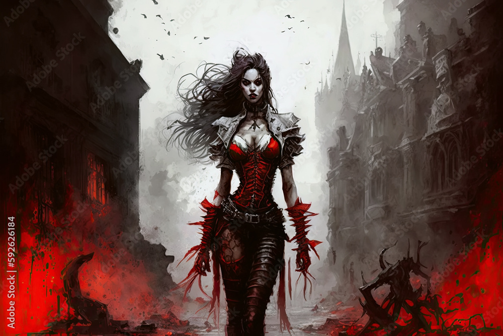 sexy vampire girl in a red dress at night in city. Generative AI illustration sexy vampire girl in a red dress at night in city. Generative AI illustration