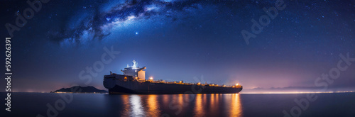 Fotografie, Tablou Oil tanker docked in an offshore dock at night or dawn sea
