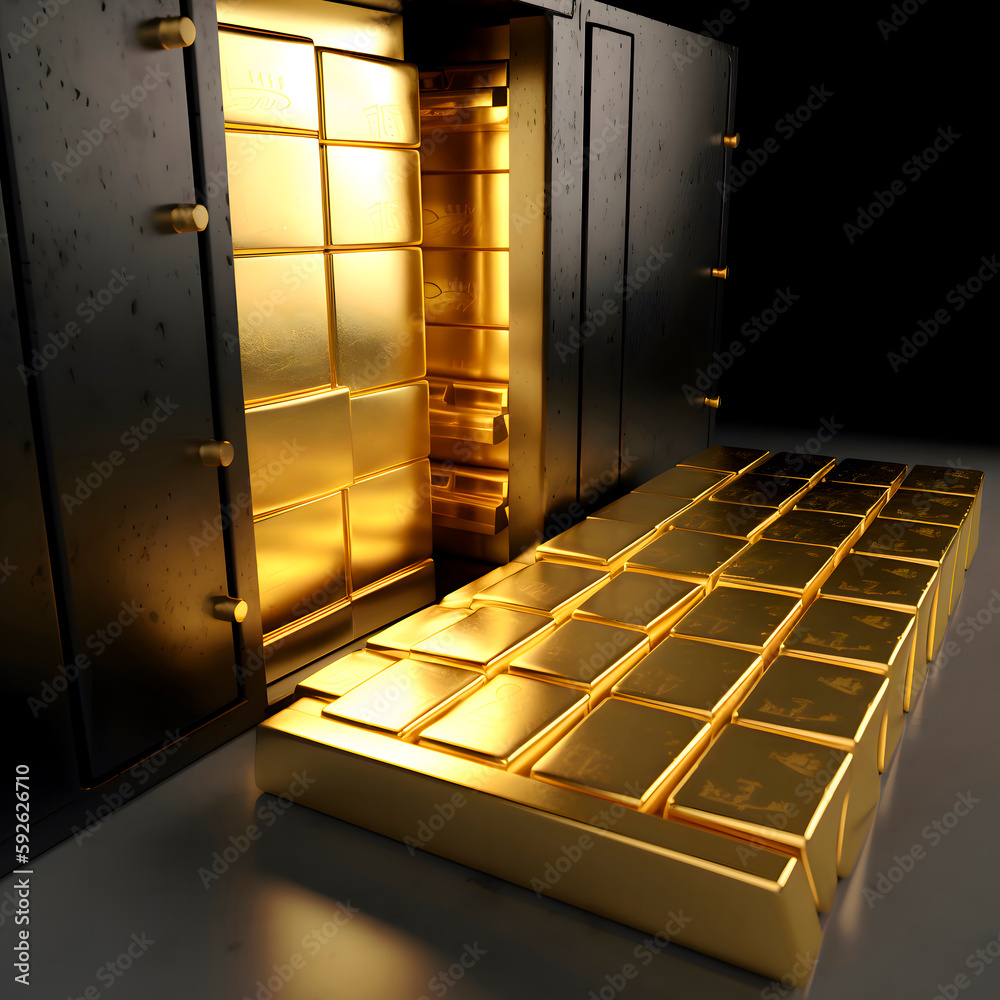 Safe box font view with gold bars inside on black background. Opened ...