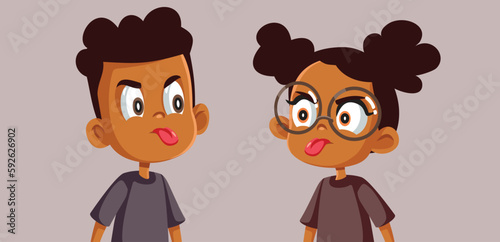 Brother and Sister Fighting and Arguing Funny Vector Cartoon. Kids having a conflict and acting out misbehaving to each other 
