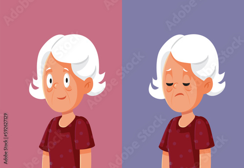 Grandma Expressing Happiness and Sadness Vector Cartoon Illustration. Happy then sad elderly woman having mood swings from aging 
