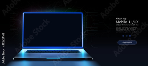 A portable neon computer with a blank screen and a desk in a dark room with blue lighting. Technological background with a laptop. Vector illustration