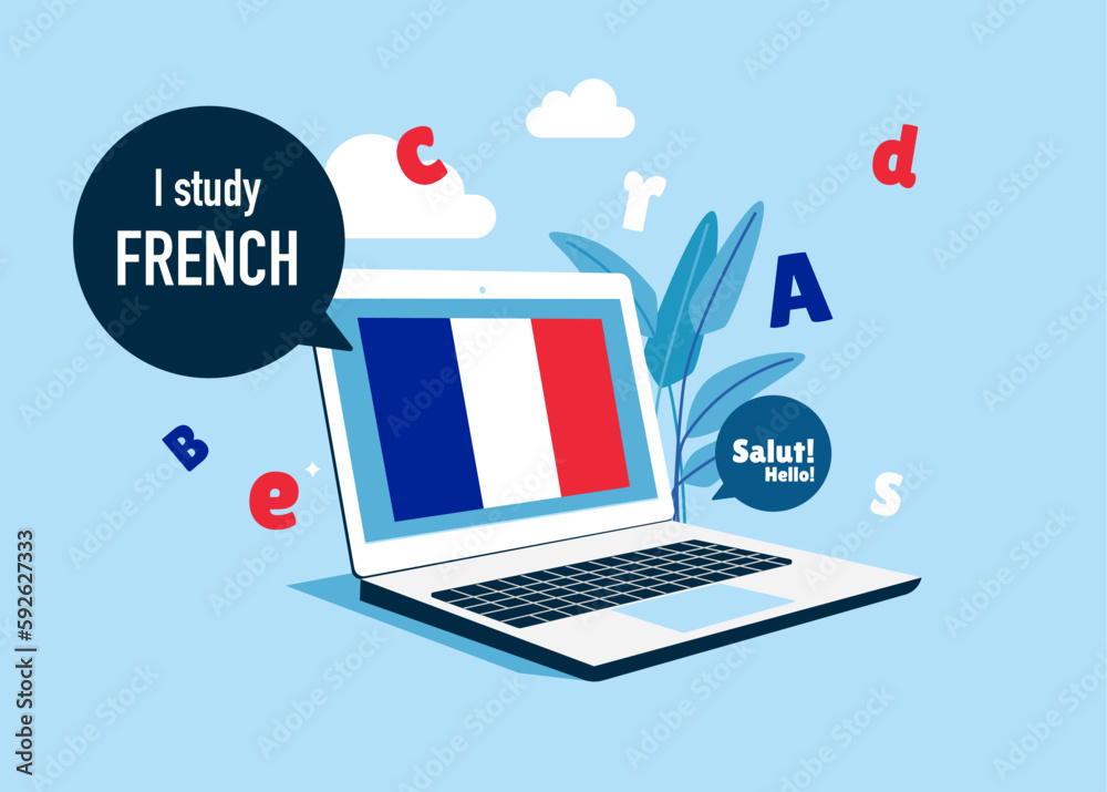 Online education. Language school online french course. Study foreign languages with native speaker. Vector illustration.