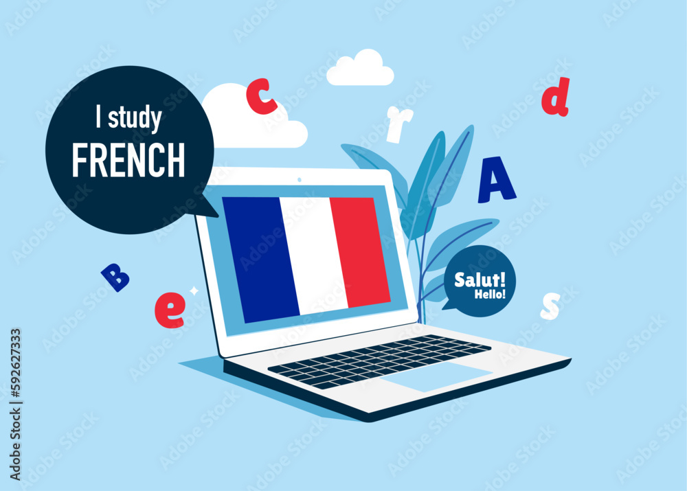 Online education. Language school online french course. Study foreign languages with native speaker. Vector illustration. Online education. Language school online french course. Study foreign languages with native speaker. Vector illustration.