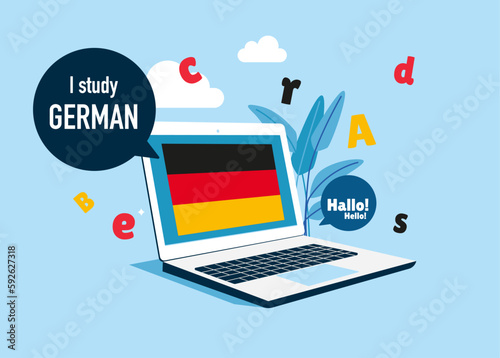 Online education. Language school online german course. Study foreign languages with native speaker. Vector illustration.