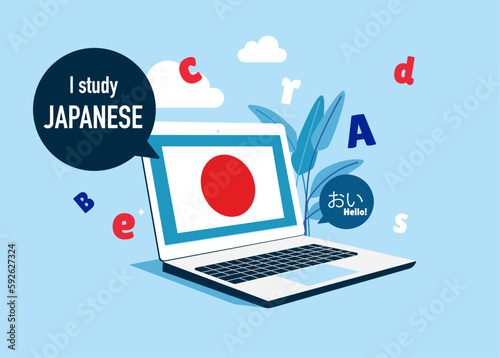 Online education. Japanese language course. Distant education technology for language school. Vector illustration. 