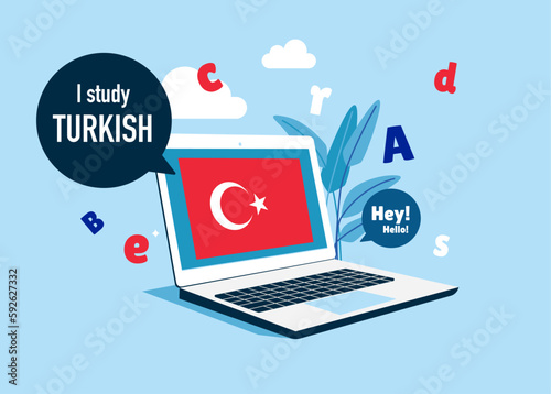 Online education. Modern vector illustration Learn Turkish online. Distant and home education concept. 