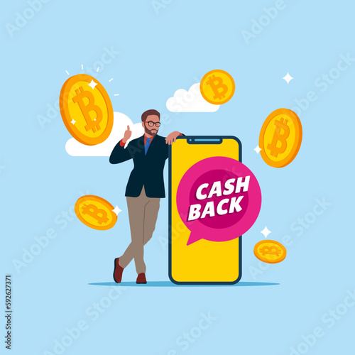 Businessman standing near smartphone. Digital saving money online bitcoin. Modern vector illustration in flat style
