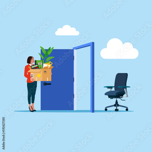 Welcome girl employee. Beginning of business career. Modern vector illustration in flat style. 