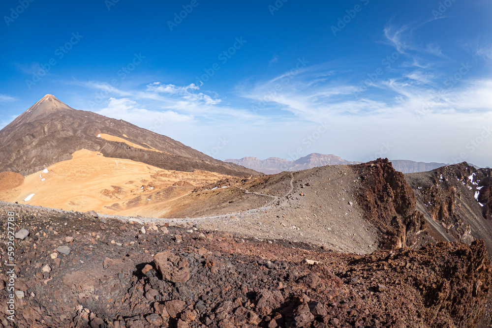 Aerial view above mount Teide from the Pico Viejo crater at the Volcano of Tenerife in the Canary Islands Aerial view above mount Teide from the Pico Viejo crater at the Volcano of Tenerife in the Canary Islands
