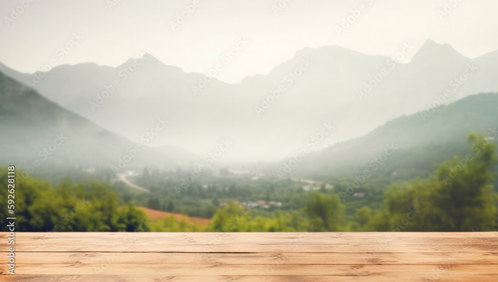 Wooden table against mountain background. Illustration AI Generative.