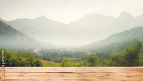 Wooden table against mountain background. Illustration AI Generative. © olegganko