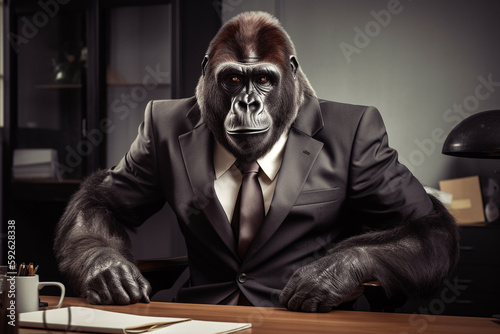 AI-generated studio portrait of a gorilla in a suit in everyday office life © Mario Aurich