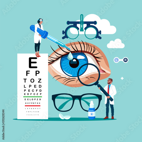 Patient myopia and foresight focus correction treatment with pills drops and glasses. . Modern vector illustration in flat style. 