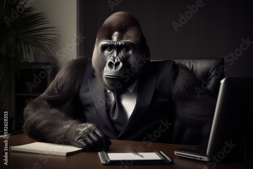 AI-generated studio portrait of a gorilla in a suit in everyday office life