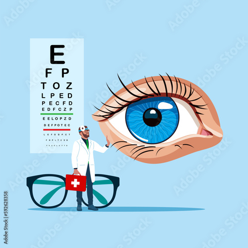 Ophthalmological treatment. Eye care and sight diagnostic testing. Flat vector illustration