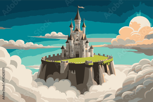 Fantasy castle in the clouds. Fairytale castle. Cute cartoon castle. Vector illustration.