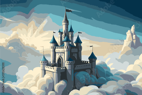 Fantasy castle in the clouds. Fairytale castle. Cute cartoon castle. Vector illustration.
