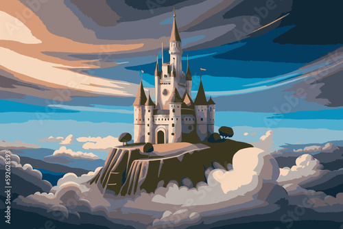 Fantasy castle in the clouds. Fairytale castle. Cute cartoon castle. Vector illustration.