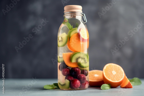 Detox water in a glass bottle with fruits, macro, Generative AI