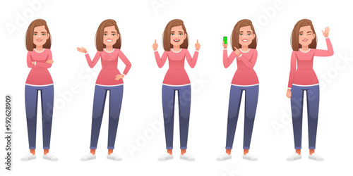 A beautiful slender caucasian girl stands with her arms crossed, points to something, waves her hand, with a smartphone in her hand. Lady in full growth character set. A young woman